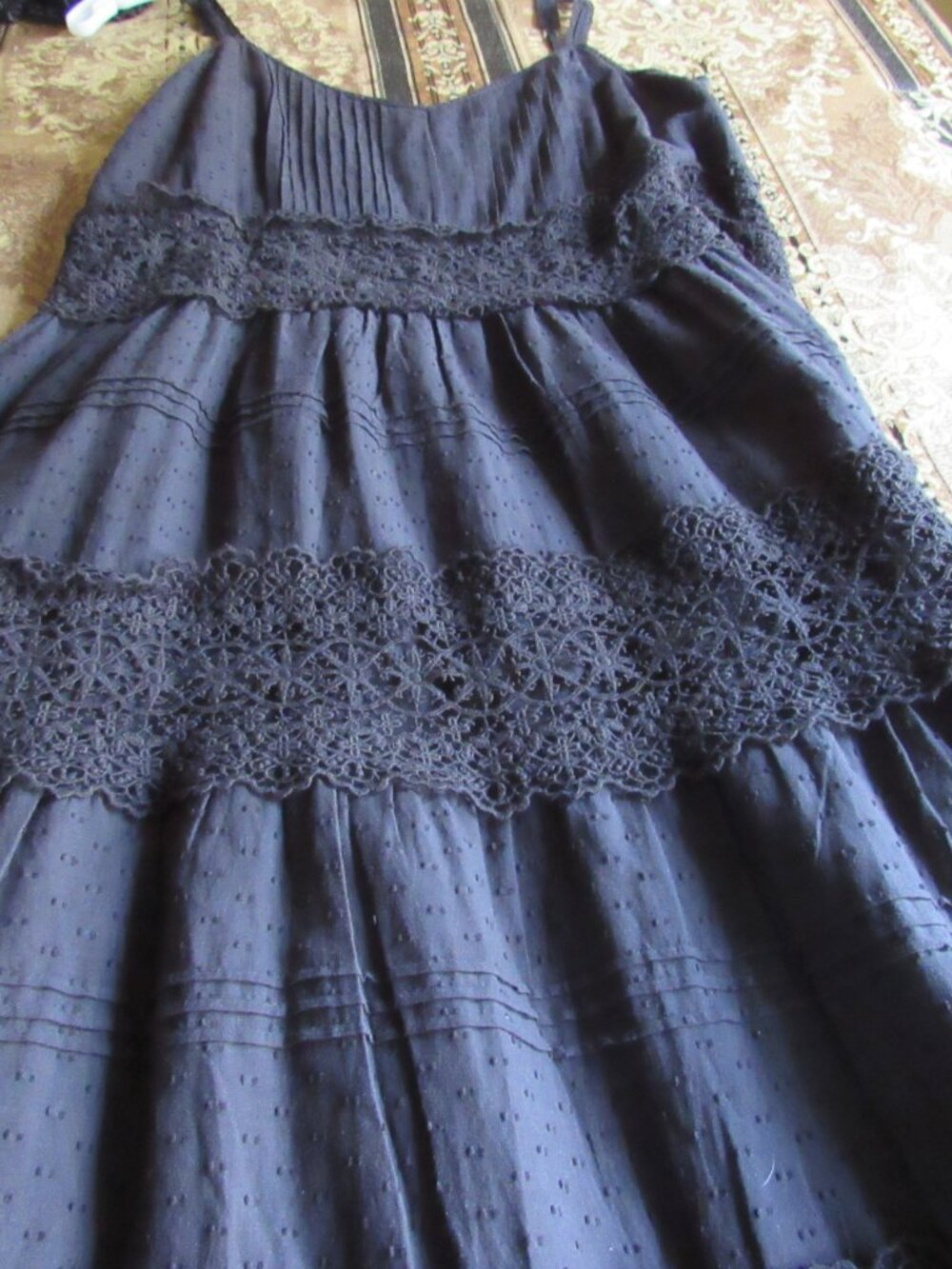 Love the Label Maxi Dress M Navy Blue Mix Fabric Tiered Eyelet Crochet